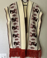 Vintage 70s Deer Print Knit Fringed Western Native Poncho Bohemian Festival