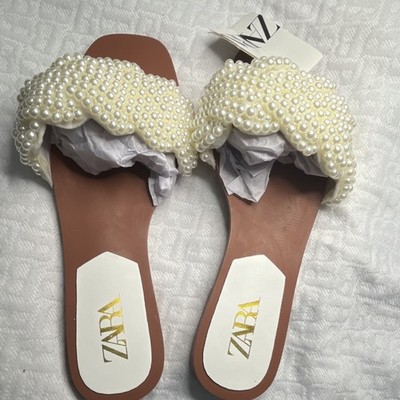 Zara Women s White/Brown Pearl Strap Slide Sandals Slip-On Flat