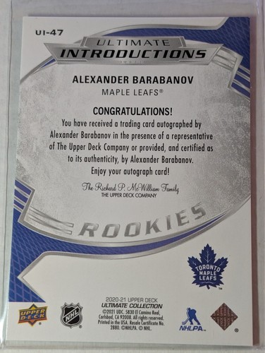 2020 Ultimate Collection Introductions Alexander Barabanov #UI-47 Rookie Auto RC - Picture 2 of 2