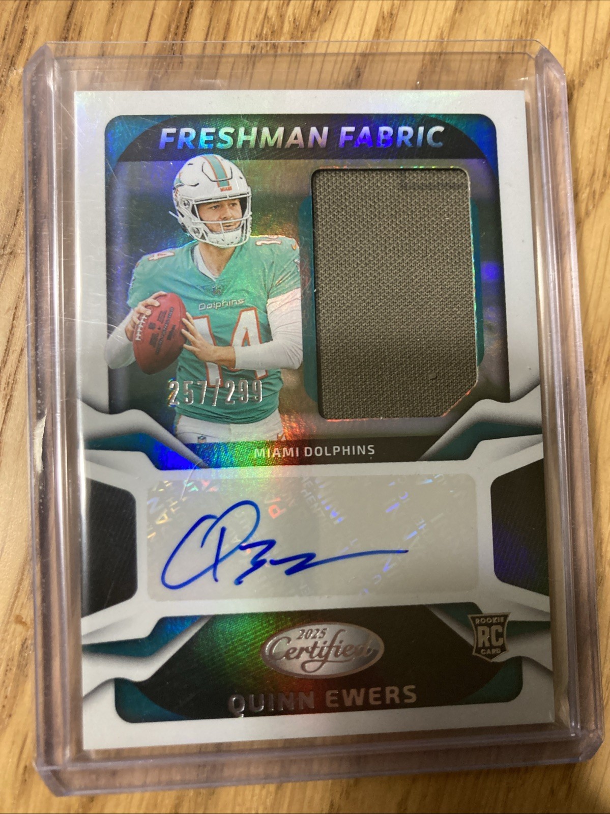 Quinn Ewers 2025 Panini Certified Freshman Fabric Mirror RC Auto Dolphins /299