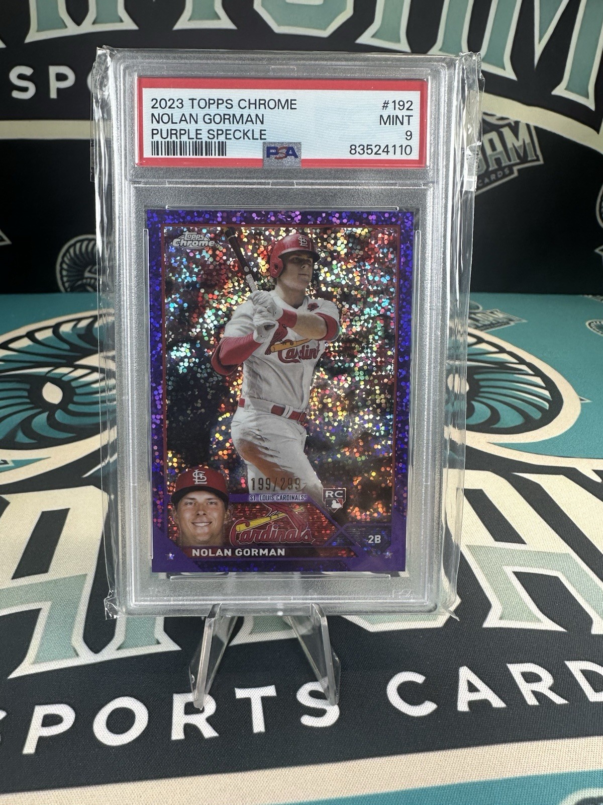 2023 Topps Chrome #192 Nolan Gorman Purple Speckle 9 PSA GEM-MT RC Rookie