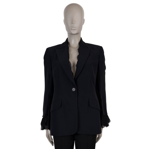 72565 Auth ALEXANDER MCQUEEN Black Viskose 2019 LACE TRIM Blazer Jacke 44 L
