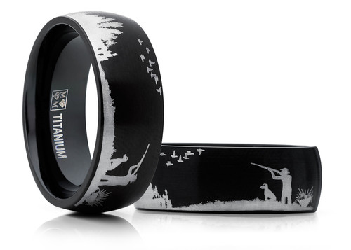 Men Black Titanium Ring Wedding Band with Laser Etched Bird Duck Hunting - Bild 2 von 5