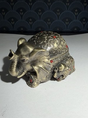 Vintage Brass Elephant  Trinket Box Bombay Co. With Letter Opener And Magnifier