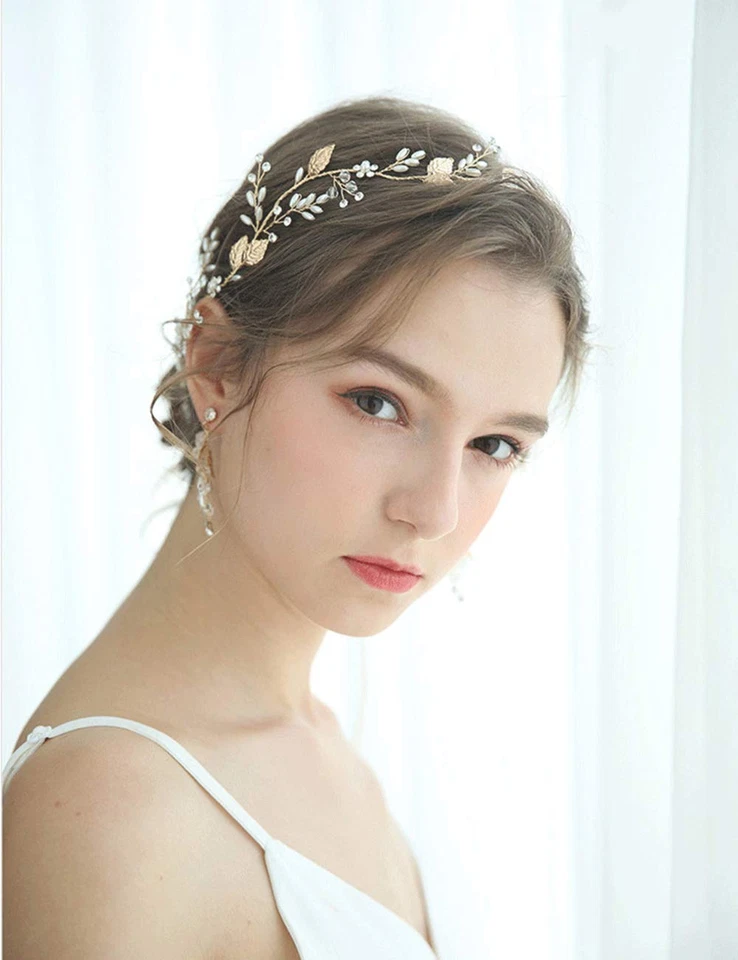 Bridal Hair Vine Crystal and Pearl Headband Gold Leaf Headpiece for Bride Bri... - Image 3 of 4