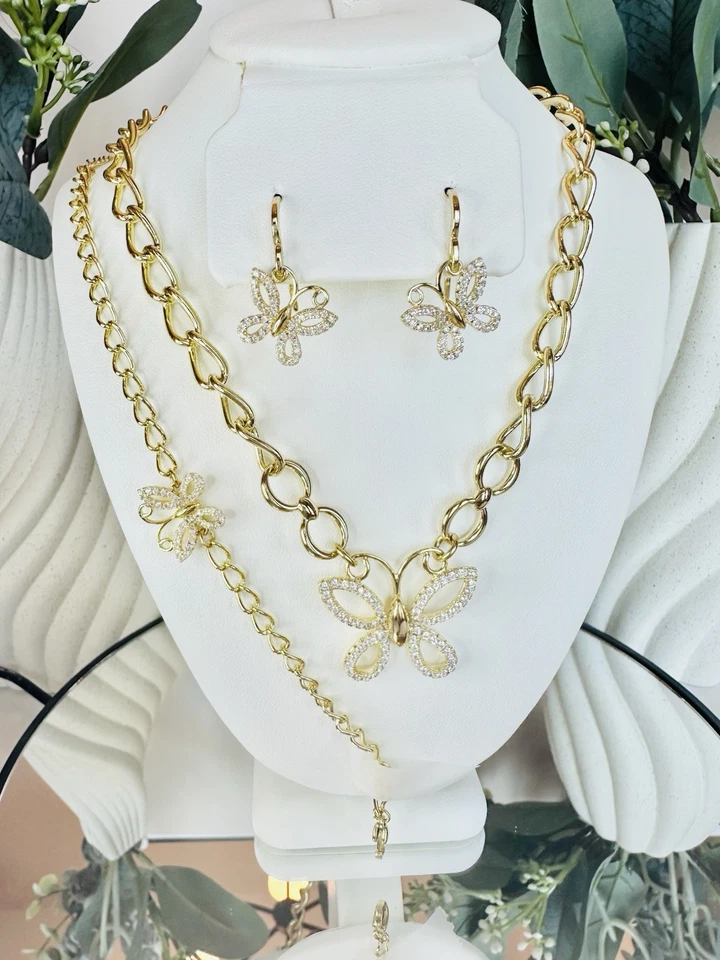 Juego de Joyas Lleno de Oro 18k, Mariposa Alta Calidad, Hipoalergénico, Impermeable Foto 2 de 4