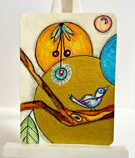 Original ACEO Art Card "Golden Morning" Mixed Media Bird Doodle ATC