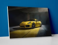Porsche Cayman GT4 Poster or Canvas - Yellow Porsche Wall Art Print Decor