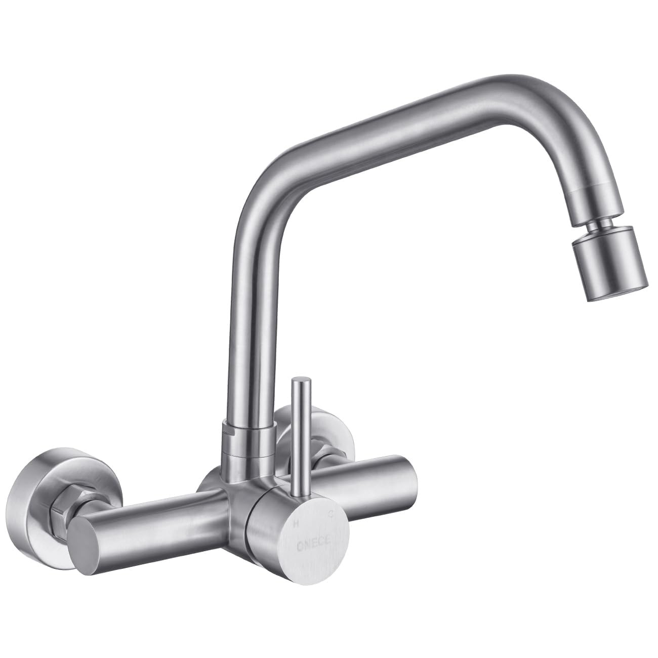 Robinet de cuisine mural en acier inoxydable brossé avec mitigeur et 2 jets d'eau réglables