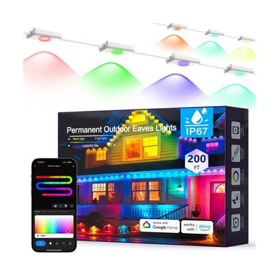 200FT RGBIC Permanent Outdoor Lights, 120 RGBIC LEDs Eave Lights IP67 Waterpr...