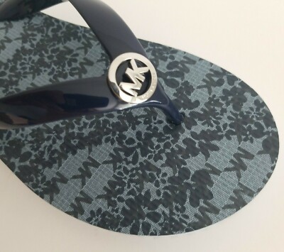 MICHAEL KORS  MK FLIP FLOPS SILVER LOGO NAVY BLUE THONGS US 11 I LOVE SHOES