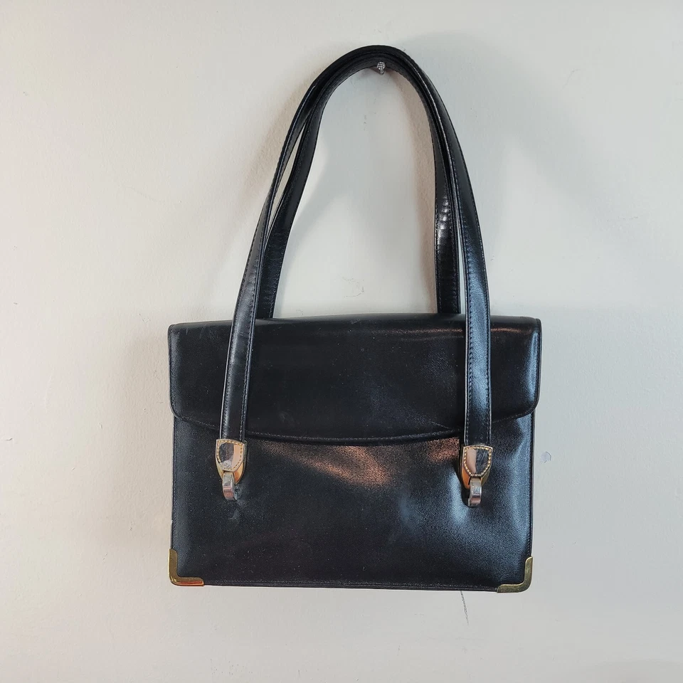 Koret Vintage Handbag Mid Century Black Leather Gold Hardware Shoulder Bag - Image 2 of 4