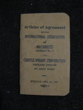 WW2 1942 BOOKLET: ARTICLES OF AGREEMENT. CURTISS-WRIGHT CORPORATION AIRPLANE DIV