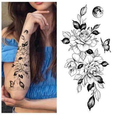 Black Flower Peony Butterfly Moon Temporary Tattoos Camellia Rose Floral Leg Arm