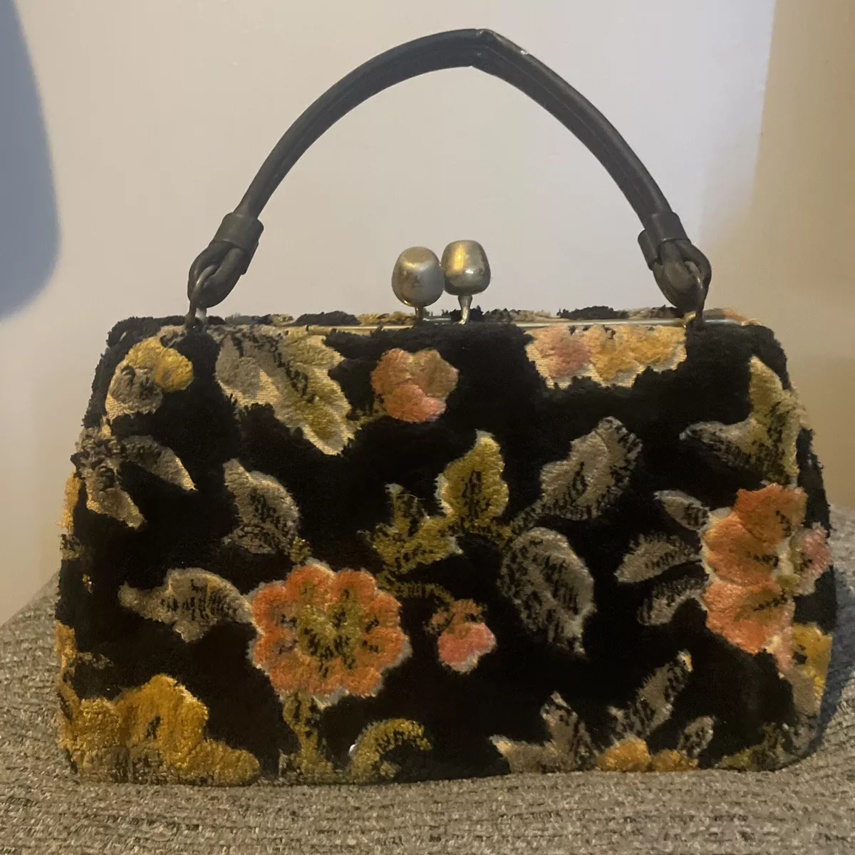 Vintage Carpet Tapestry Bag Purse Chenille 1960s Floral 