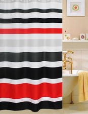 FABRIC SHOWER CURTAIN STRIPED RED WHITE SILVER  BLACK