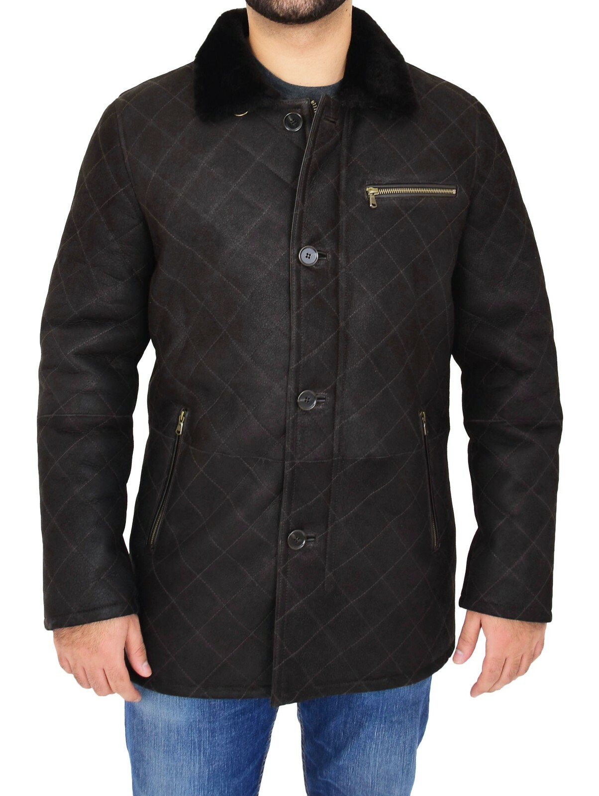 Mens Genuine Sheepskin Jacket Brown Designer Shearling 3/4 Long Quilted Car Coat image 9