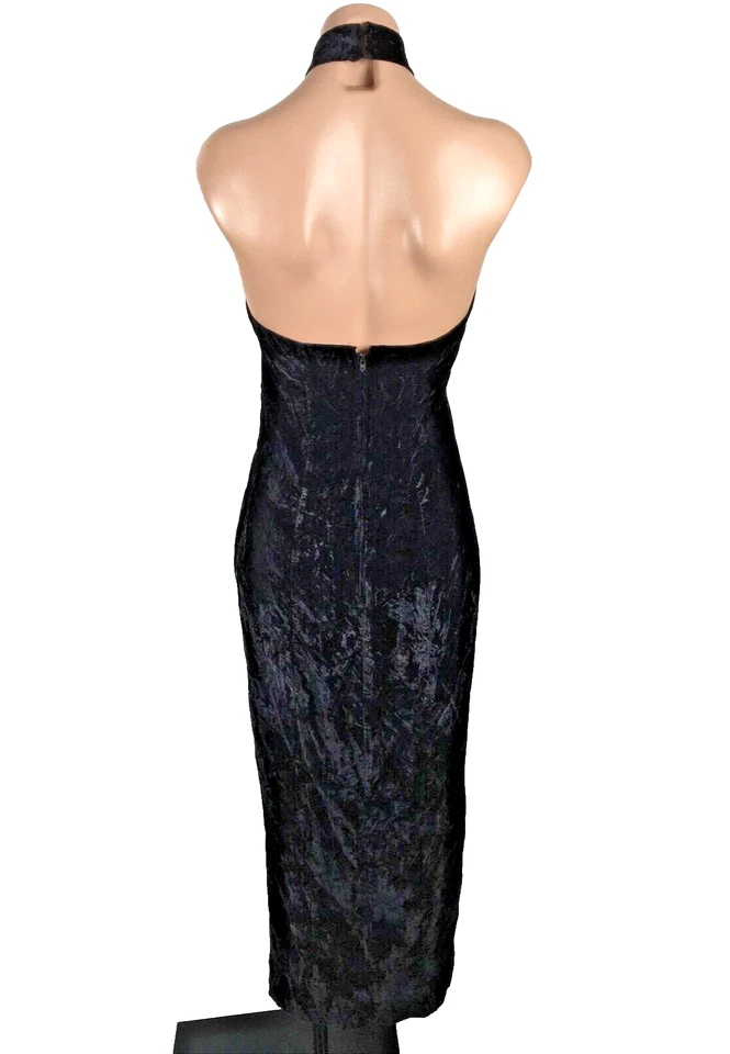 Sexy Vestido de Noche Halter Lentejuelas Terciopelo Aplastado Abertura Baile de graduación Vestido Negro De Colección Años 90 y2k Foto 2 de 4