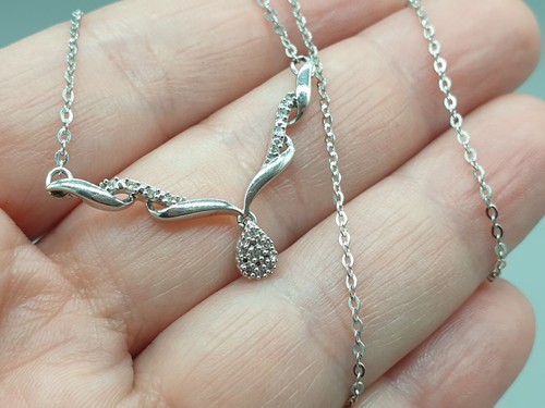 Sparkly 9ct White Gold Diamond Drop Pendant Necklace 9K Trace Chain 16" 2.85g - 第 7/9 張圖片