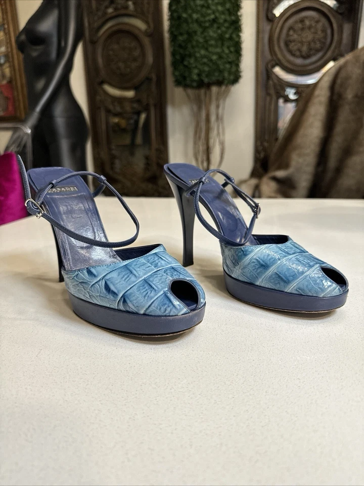 CASADEI Leather Floral Print Mules Women's Size: 6 Blue - Image 4 of 4