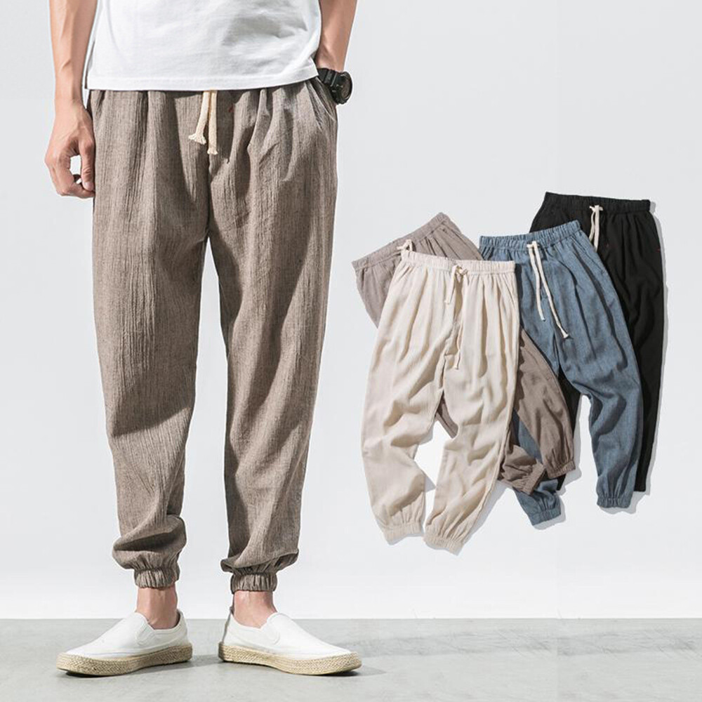 Mens Linen Drawstring Tapered Baggy Pants Elastic Waist Mens Linen Drawstring Tapered Baggy Pants Elastic Waist