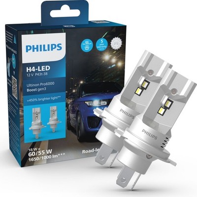 Philips LED H4 12V 18W Ultinon Pro6000 Boost Gen3 +450% mit Straßenzul. 2St.