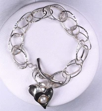 Hagit Gorali Israel Sterling Silver Oval Link Dangle Heart w/Pearl Bracelet 8"