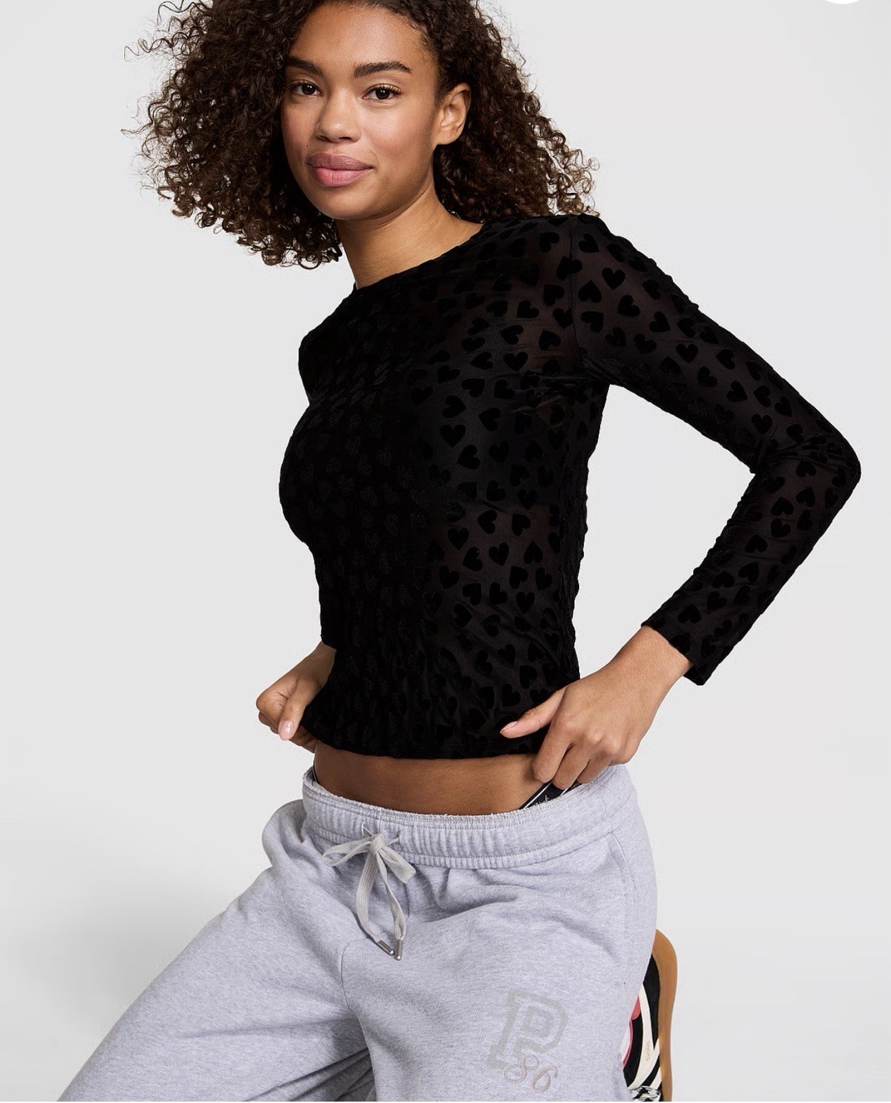 Victoria’s Secret PINK Base Heart Mesh Long Sleeve Black Sheer Tee Size M Y2K