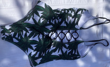 Leaf Print Lace-Up One Piece Swimsuit, Swiming Dress Top, Padded, L, C Cup