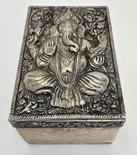 Embossed Ganesh Metal and Wood Decorative Storage Trinket Box