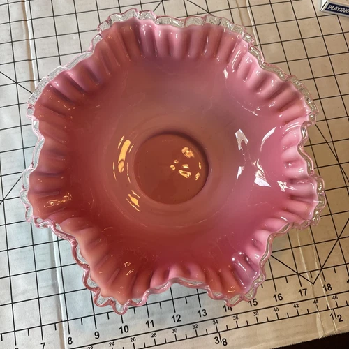 FENTON Art Glass Pink Bride's Bowl Art Glass Pink White Silvercrest Ruffled