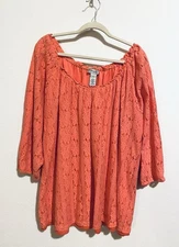Catherines Top Womens 3X Coral Orange Stretch Lace Peasant Cottagecore Flirty