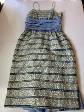 Vtg 1950s Blue Satin Taffeta  Rhinestones Ball Evening Dress Size Small