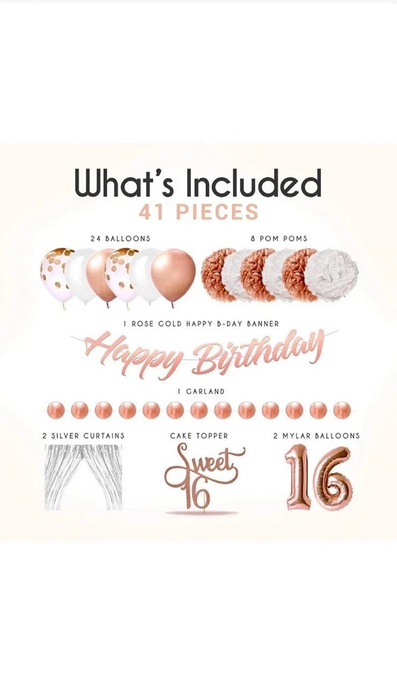 Girls 16th Birthday Decorations Rose Gold Sweet 16th 41 Piece Party Kit RRP £30 - Image 2 of 4