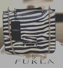 Furla Julia Leather Bag With Zebra Print white/Navy and Gold Chain