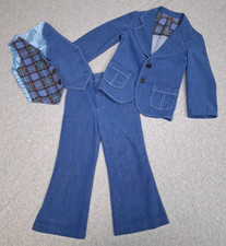 Vtg 3 Pc Boy's Suit~Jacket, Pants, Reversible Vest~Blue Denim Look~Plaid~4 SLIM