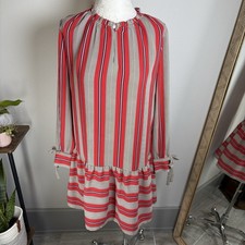 LOFT Womens S Red Striped Drop Waist Dress Preppy Ruffle Hem Tie Cuff Polyester