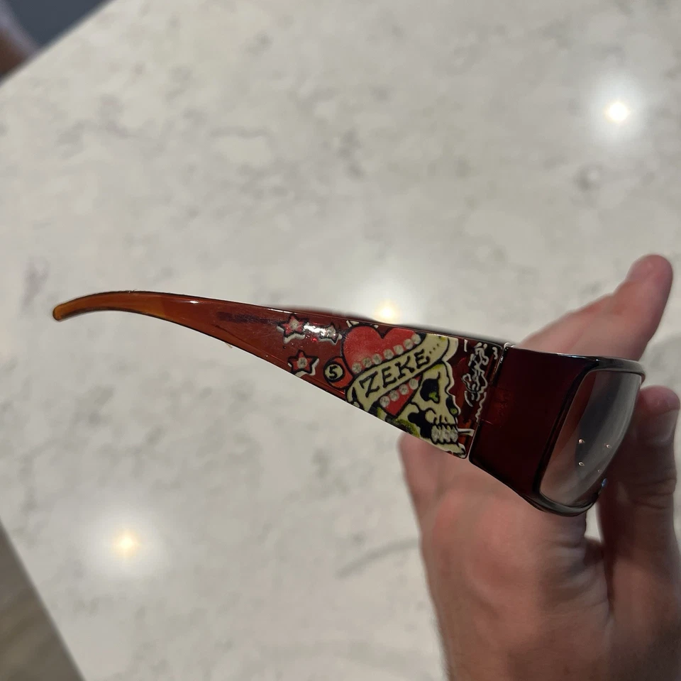 Vintage Y2k Ed Hardy Zeke Sunglasses Brown Red Heart Skull Tattoo - Image 3 of 4