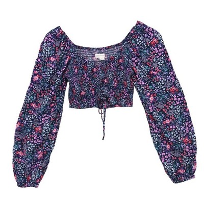Aeropostale Smocked Crop Top Women XS Navy Floral Long Sleeve Ruched Boho