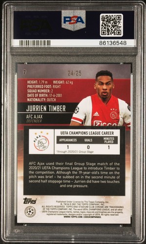 2020-21 Jurrien Timber Topps Stadium Club Chrome Orange Rookie Card 24/25 PSA 9 - Picture 2 of 3
