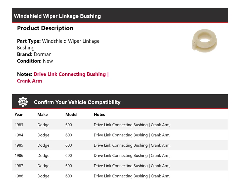 Buje de acoplamiento limpiaparabrisas para Dodge 600 Dorman 1983-1988 1984 1985 1986 Foto 2 de 4