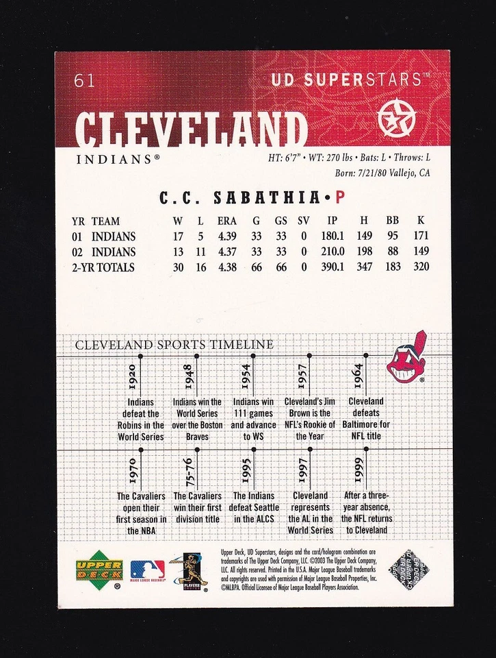2003 Upper Deck UD Superstars CC Sabathia #61 Cleveland Indians - Image 2 of 2