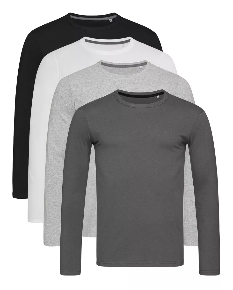 Mens Plain Long Sleeve GREY BLACK or WHITE Cotton Elastane Tee T