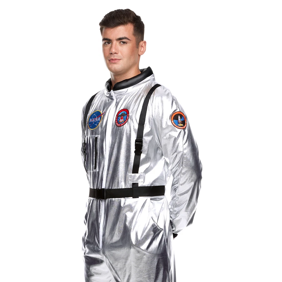 Men`s Silver Astronaut Costume Adult NASA Spaceman Uniform Space Suit Halloween - Image 2 of 4