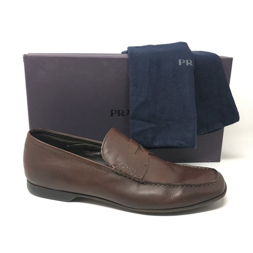 Prada Logo Penny Loafers Dress Shoes Mens Size 9 US 8 UK Brown Leather Slip On
