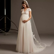 Elegant Maternity Wedding Dresses V-Neck Short Sleeves Lace Applique Bridal Gown