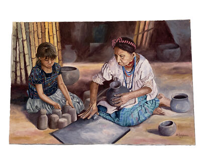 Guatemalan Folk Art Oil Painting Women Maya Pottery Making De Leon Campos 1980