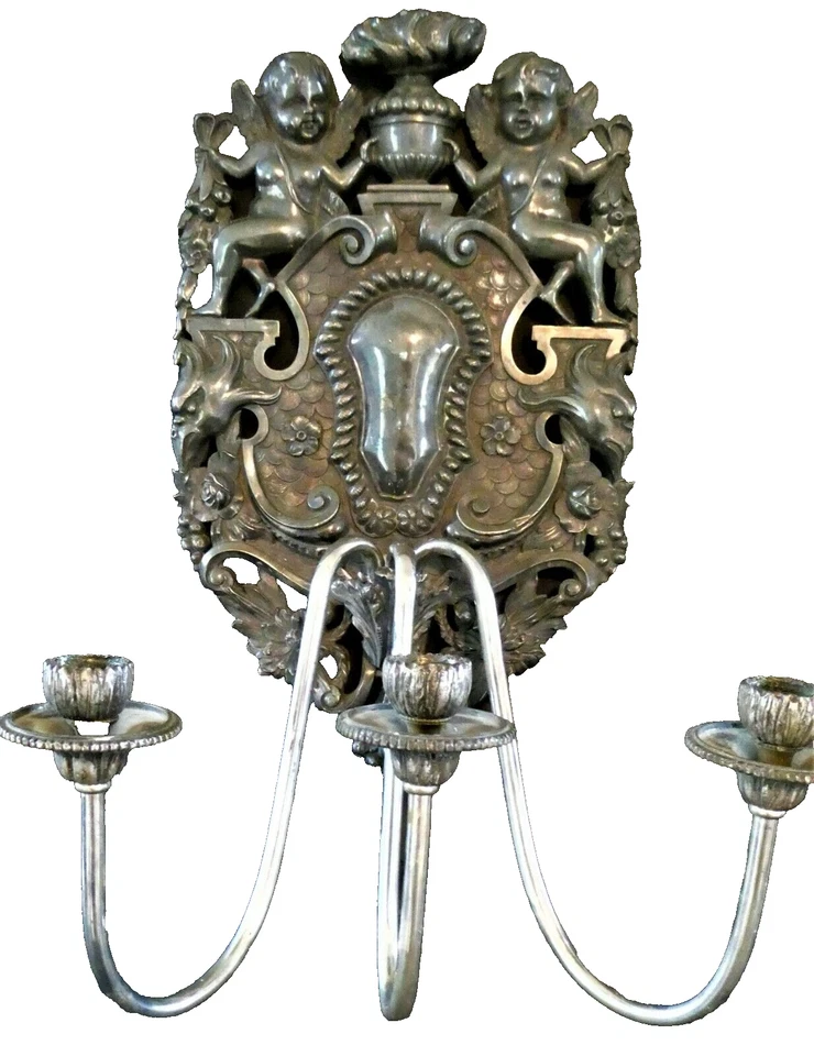 PAIR.... E F Caldwell & Co 3-Arm Wall Sconces Renaissance Revival Silver - Image 2 of 4
