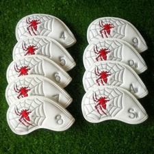 9pcs White PU with Spider Embroidery Golf Club Iron Head Covers 4-9,Pw,Sw,Aw