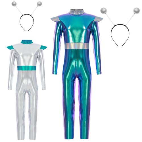 Kinder Mädchen Alien Overall Weltraum Body mit Kopfbedeckung Halloween Outfit - Bild 2 von 30